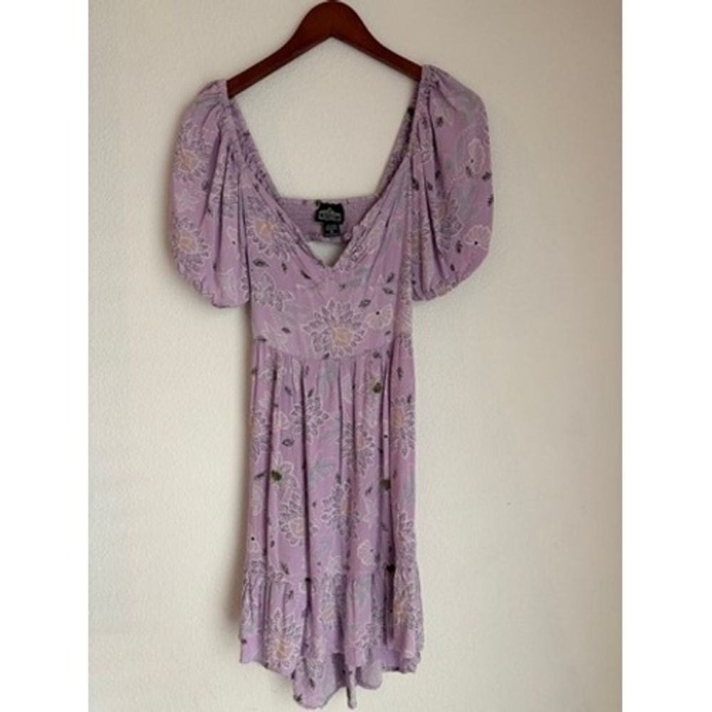Angie Purple‎ Floral Puff Sleeve Mini Dress Sweetheart Neck Cutout XS